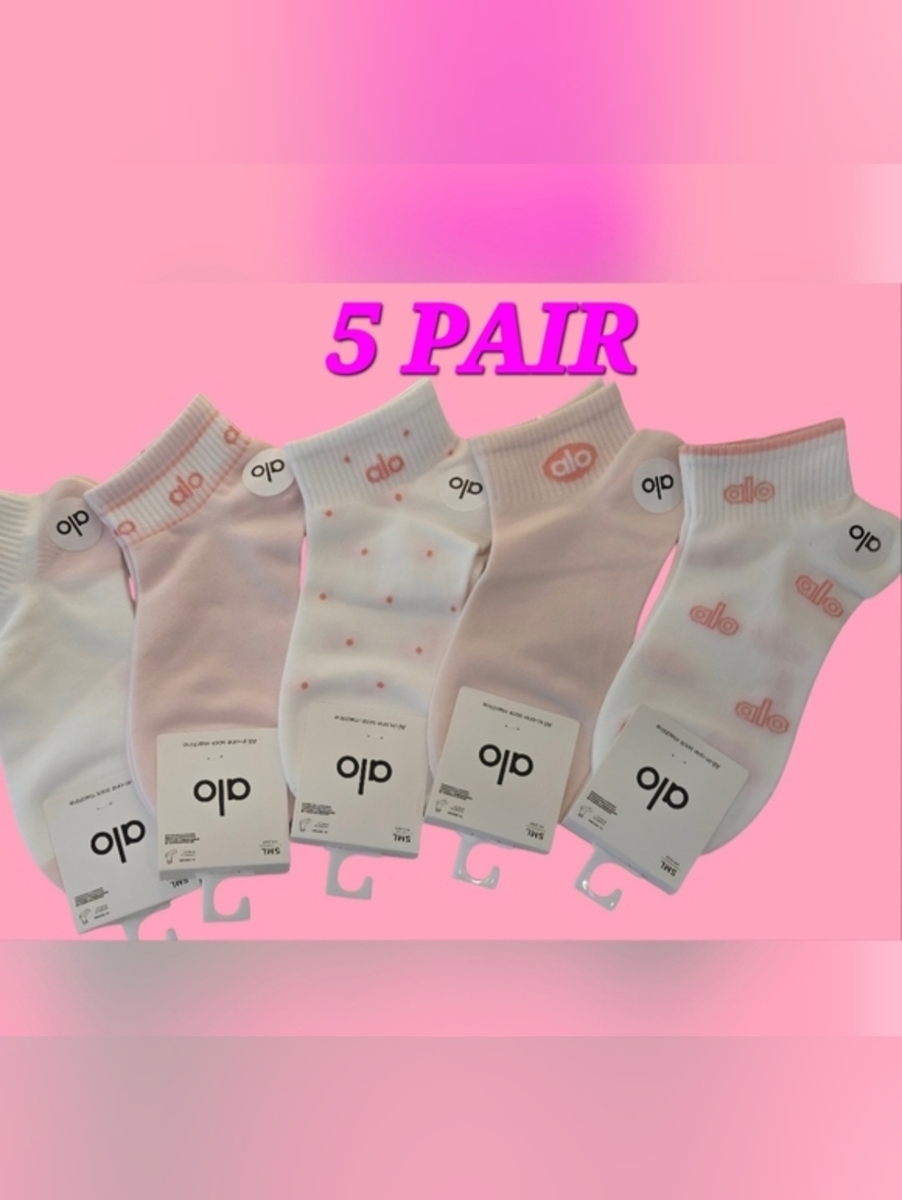 Alo Womens Logo Ankle Socks Small BNWT 5 Pair Pink & White